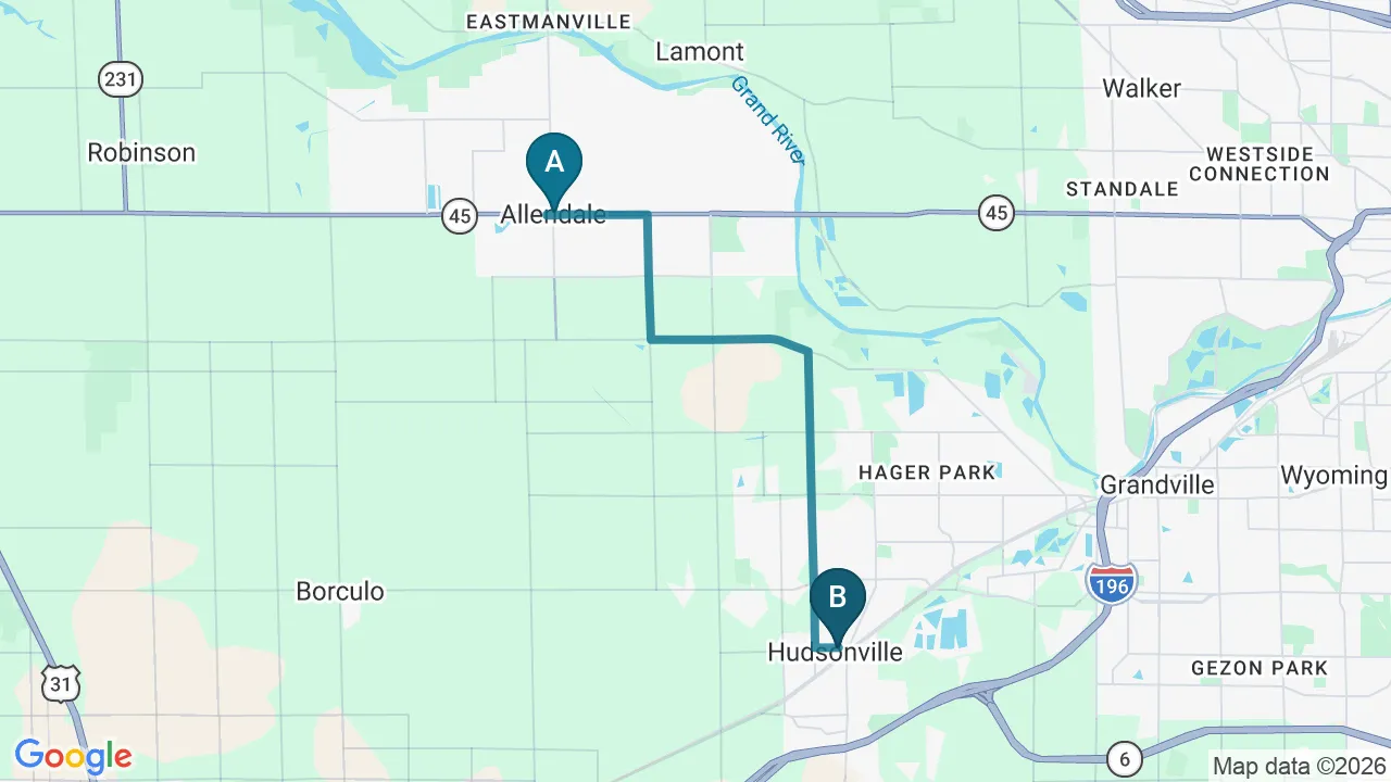 Driving directions map from Allendale, MI to Atnip Chiropractic in Owensboro