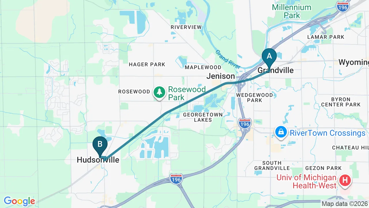 Driving directions map from Grandville, MI to Atnip Chiropractic in Owensboro