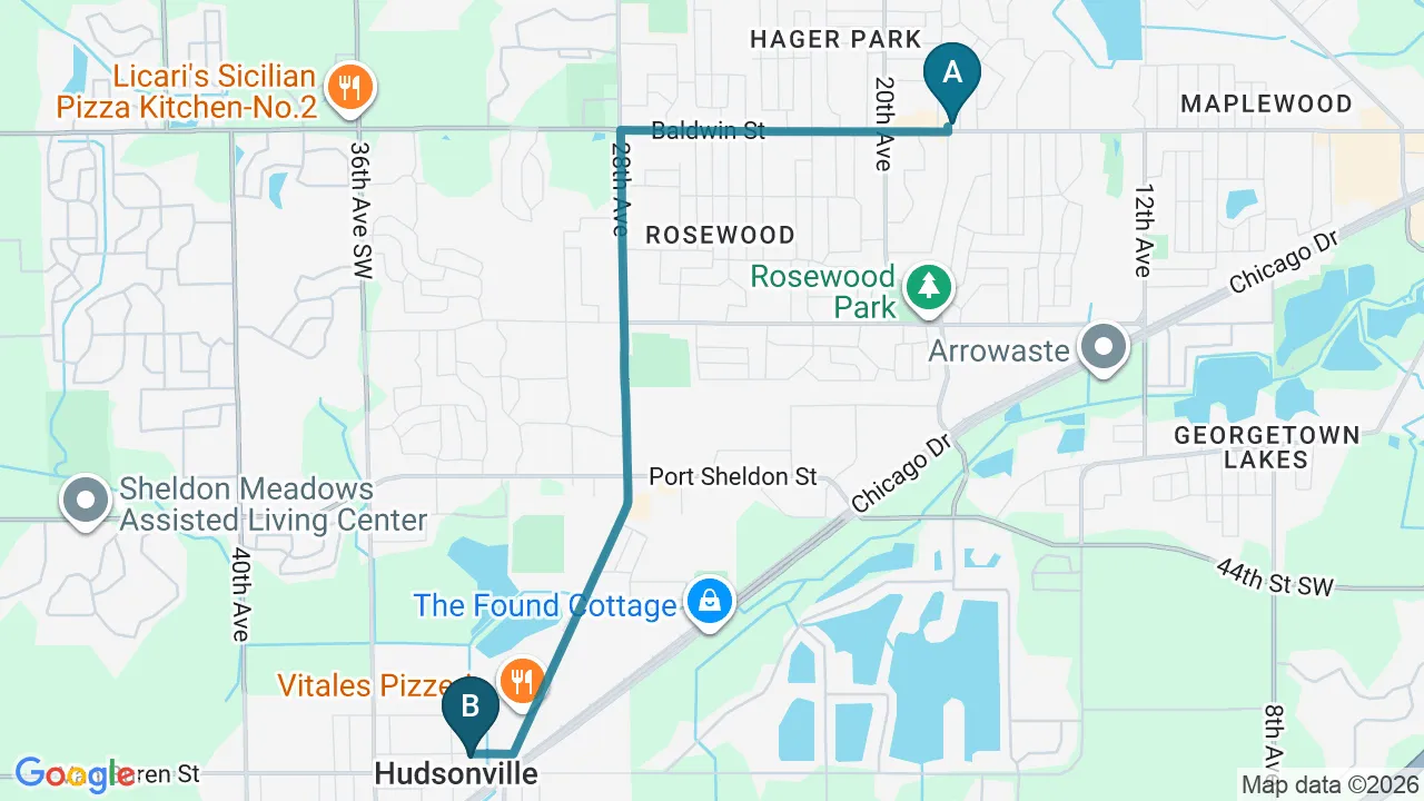 Driving directions map from Jenison, MI to Atnip Chiropractic in Owensboro