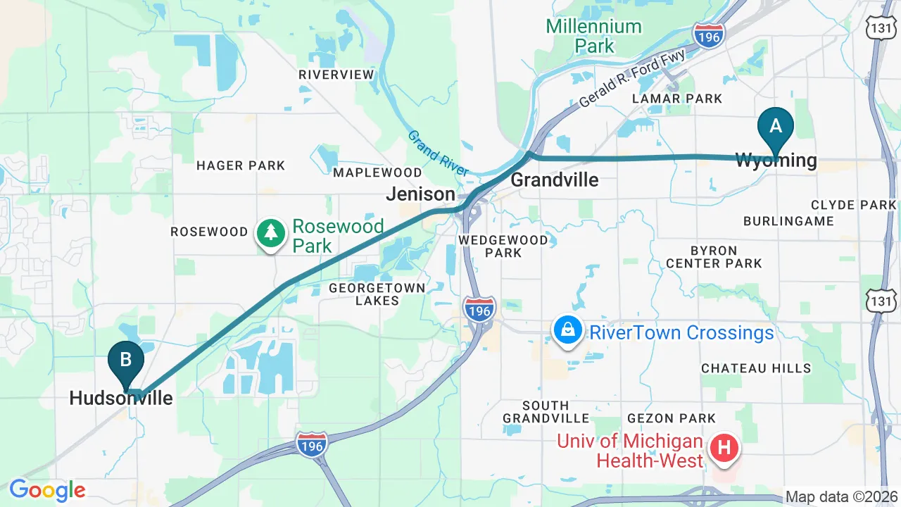 Driving directions map from Wyoming, MI to Atnip Chiropractic in Owensboro